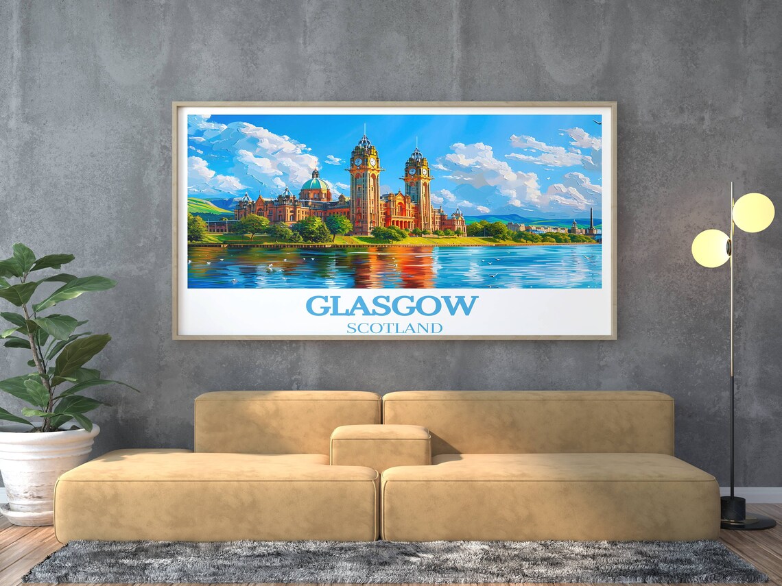 Glasgow Scotland Riverside Twin Clock Towers Summer Day Poster - Image 3