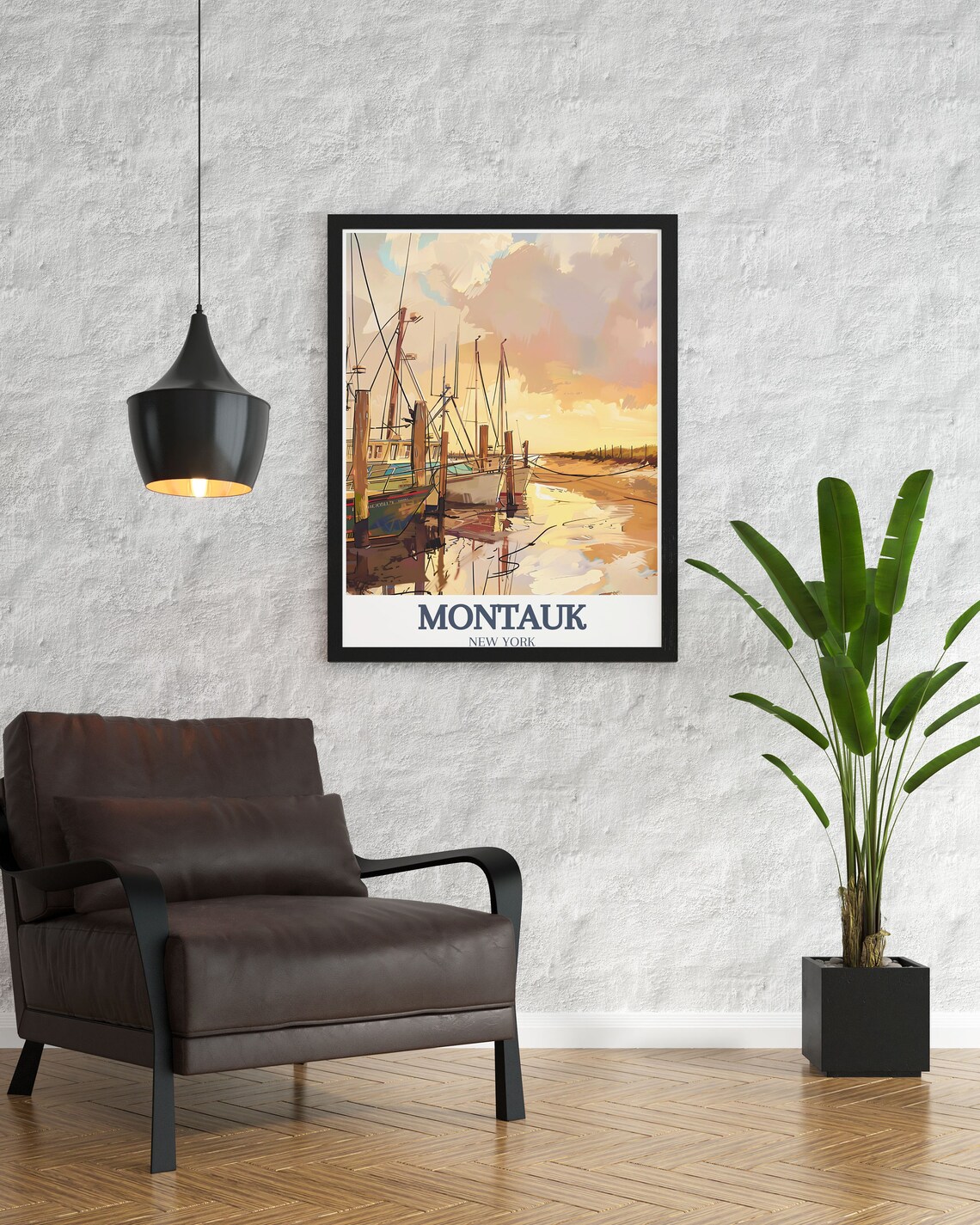 Montauk Harbor Fishing Boats Golden Sunset Travel Art Poster - Image 2