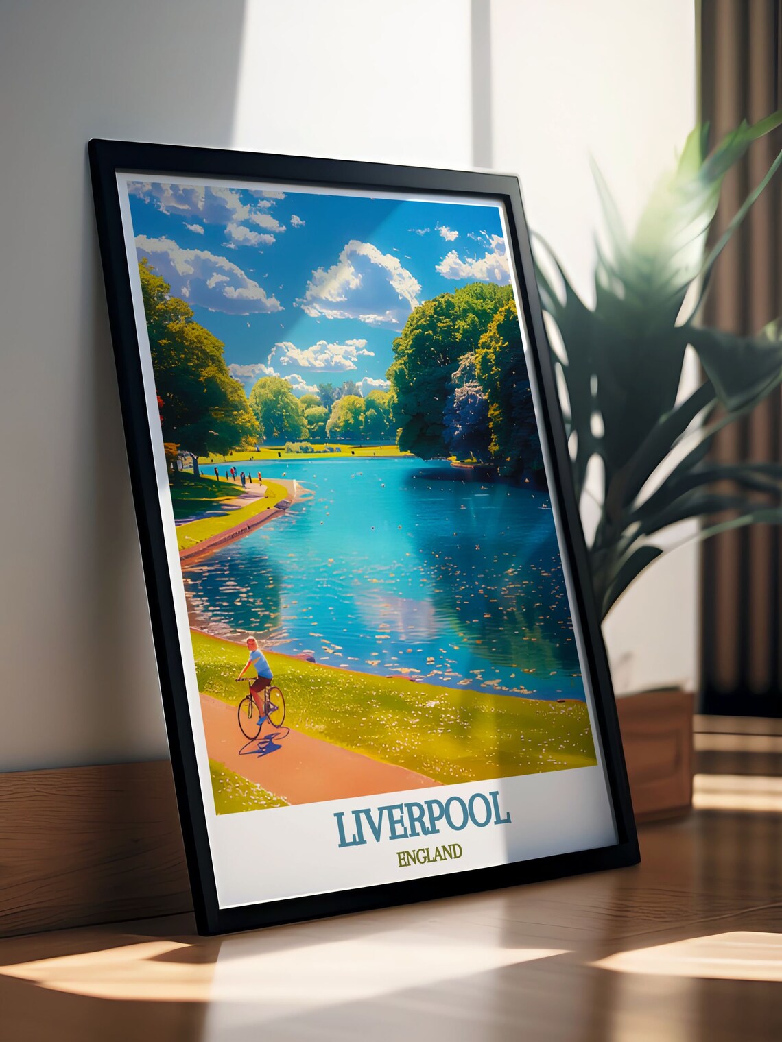 Liverpool England Sefton Park Lake Cyclist Summer Travel Poster - Image 2