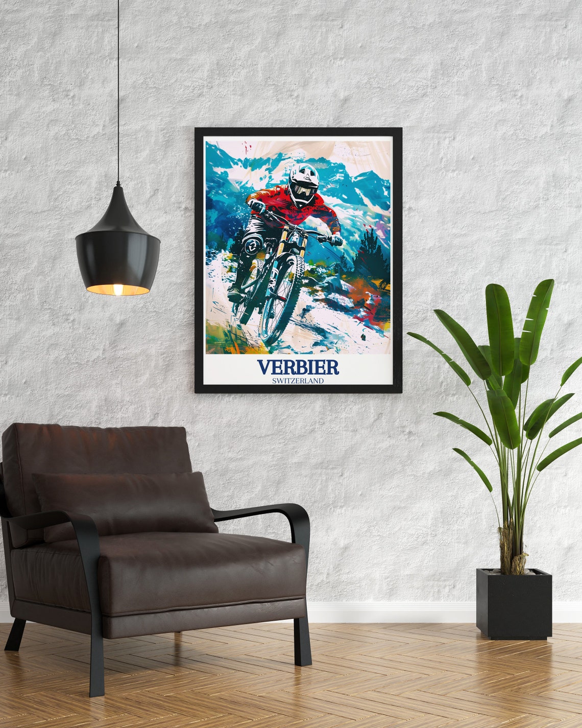 Verbier Mountain Biker Downhill Action Painting Switzerland Poster - Image 3