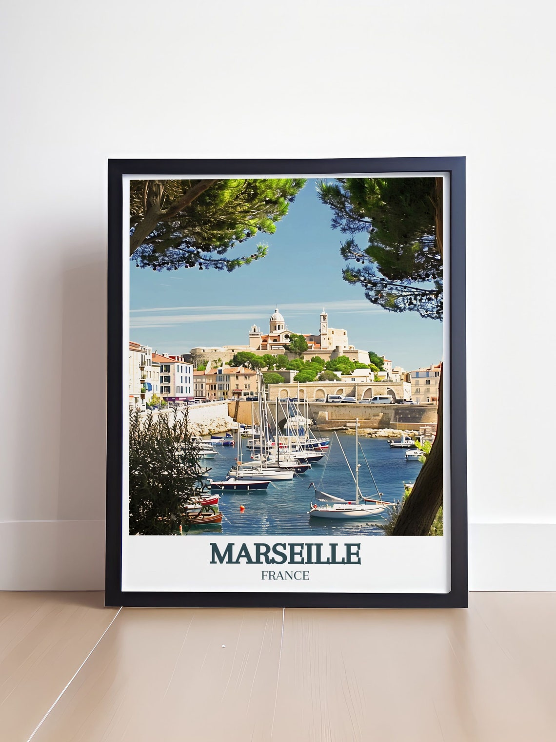 Marseille Harbor Sailboats with Hilltop Basilica View Poster - Image 4