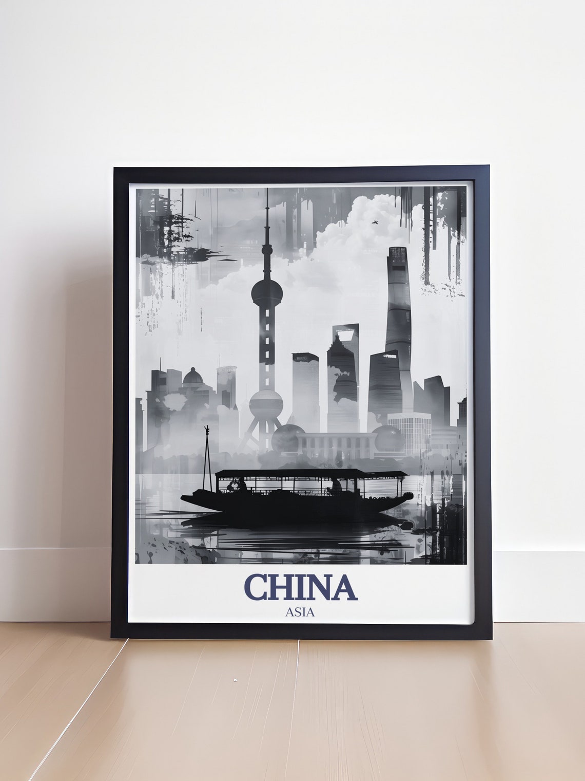 Shanghai Skyline Black and White Oriental Pearl Tower Art Poster - Image 4