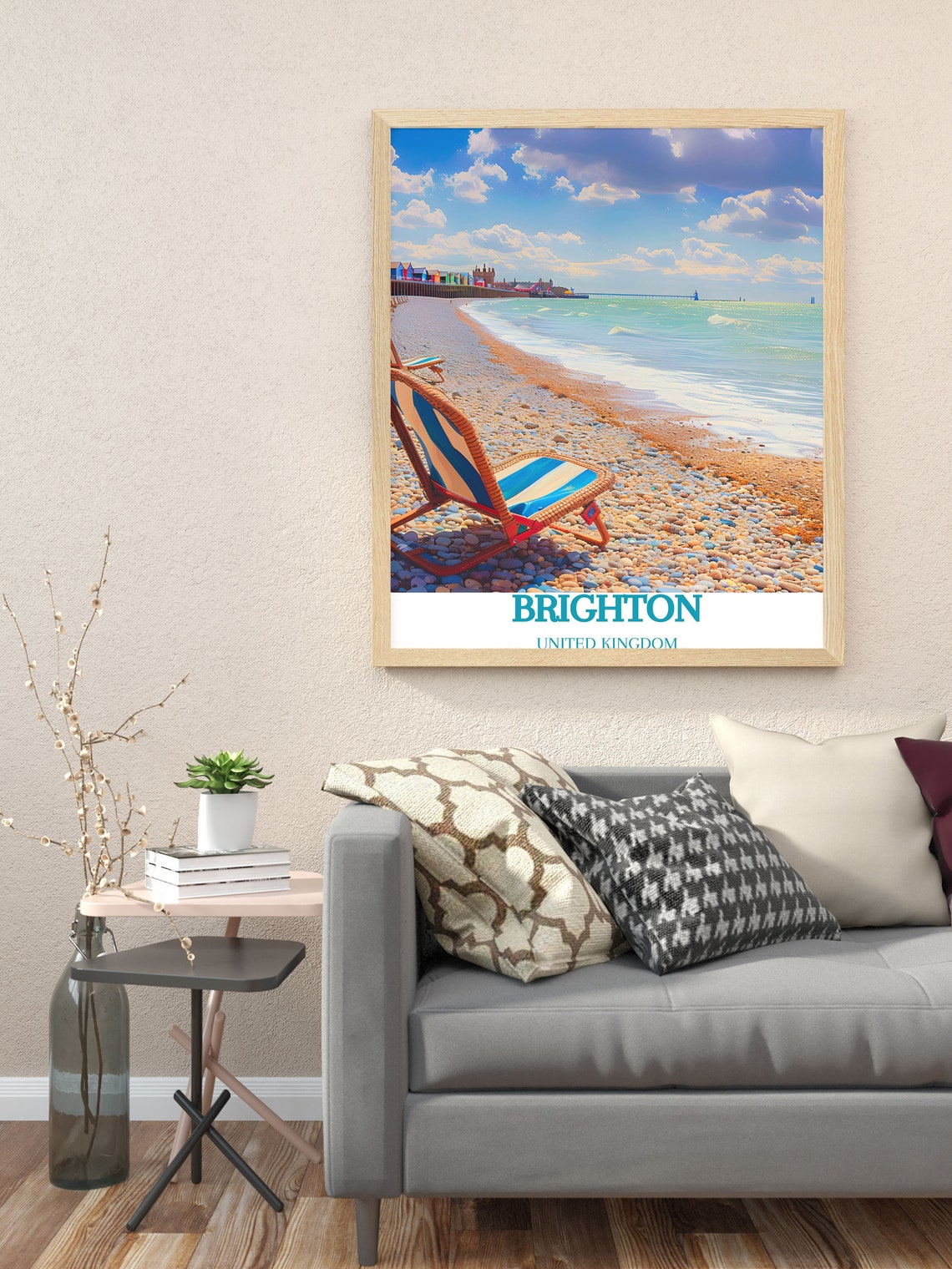 Brighton Beach Striped Deck Chair Pier View United Kingdom Poster - Image 3