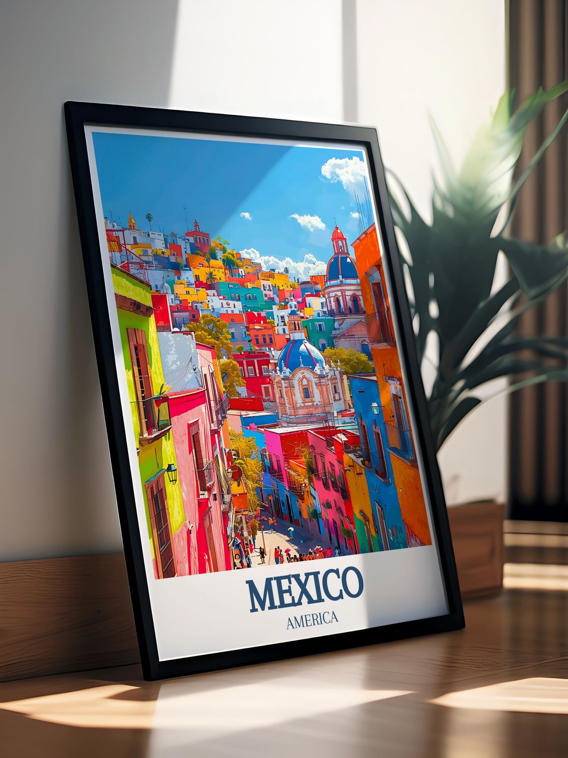 Brightly Painted Colonial Hillside Town Churches Mexico Poster - Image 3