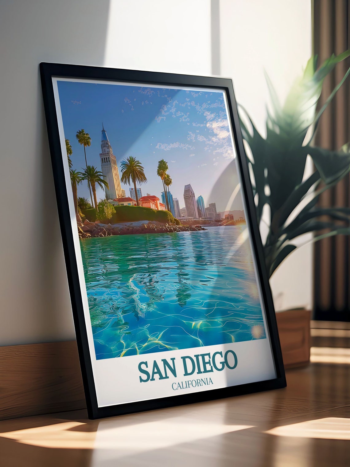 San Diego California Waterfront Tower Sunset Travel Scene Poster - Image 2