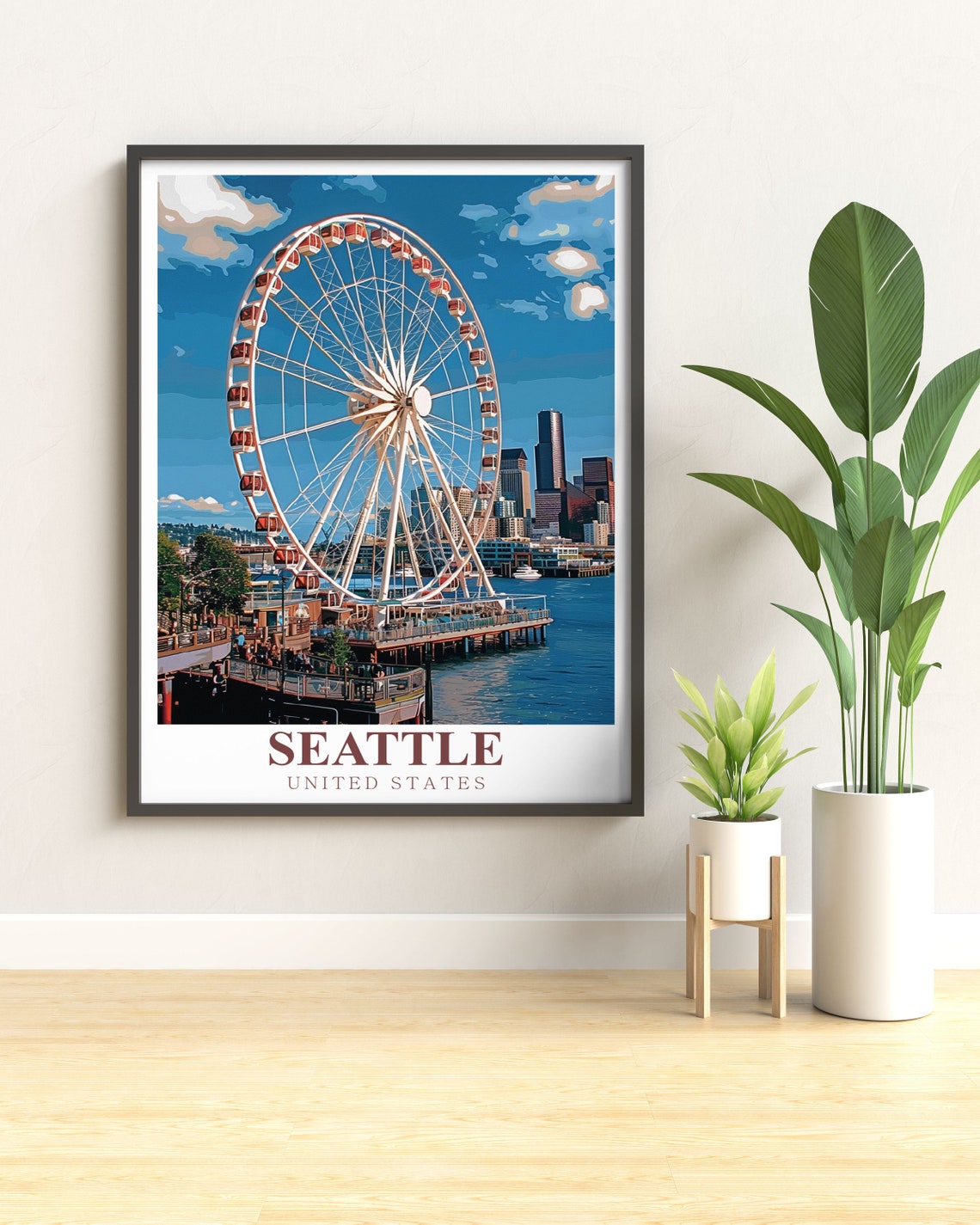 Seattle Great Wheel Waterfront Pier City Skyline Travel Poster - Image 2
