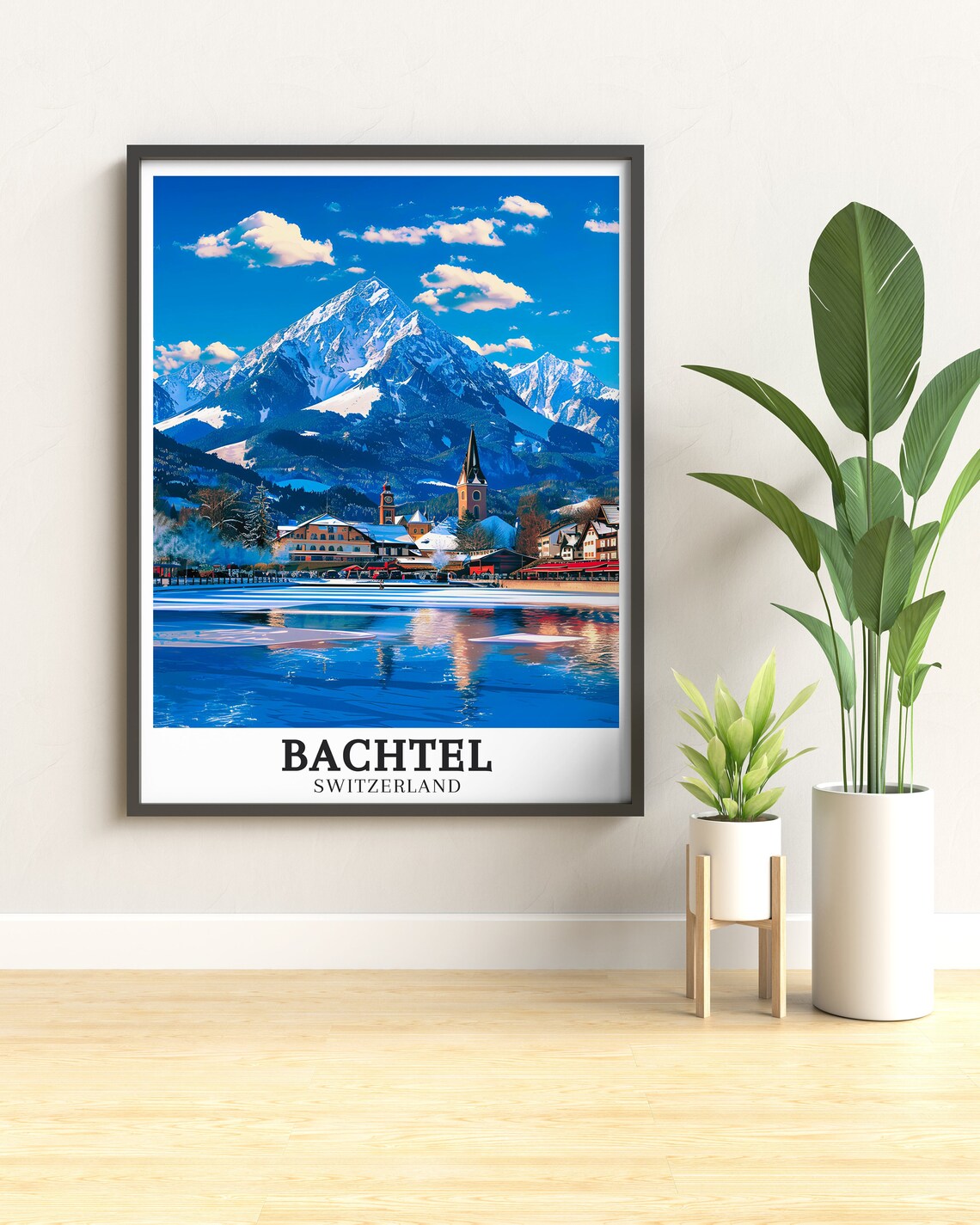 Bachtel Snow Capped Peak Lakeside Village Winter Switzerland Poster - Image 3