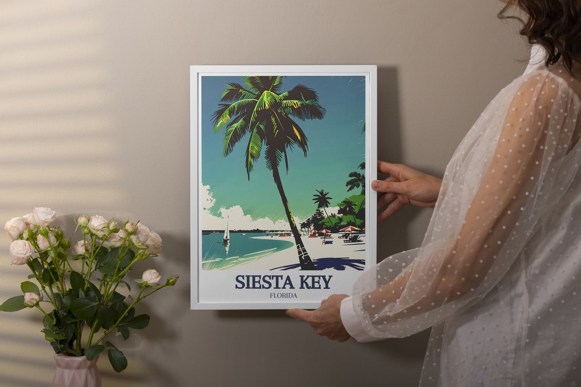 Siesta Key Beach Leaning Palm Tree Sailboat Umbrellas Coast Poster - Image 3