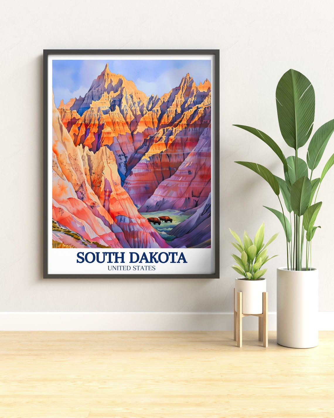 South Dakota Badlands Bison Watercolor National Park Scenic Poster - Image 2