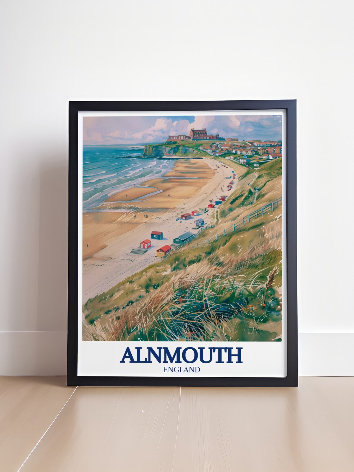 Alnmouth England Beach Huts Dune Watercolor Coast Travel Poster - Image 4
