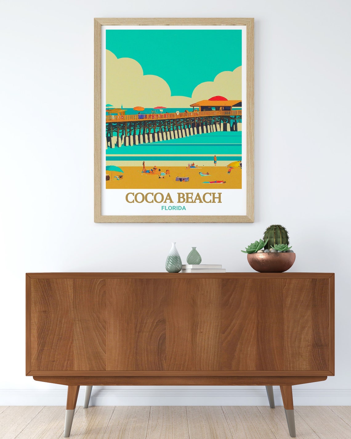 Cocoa Beach Florida Pier Day Vintage Beach Scene Travel Poster - Image 2