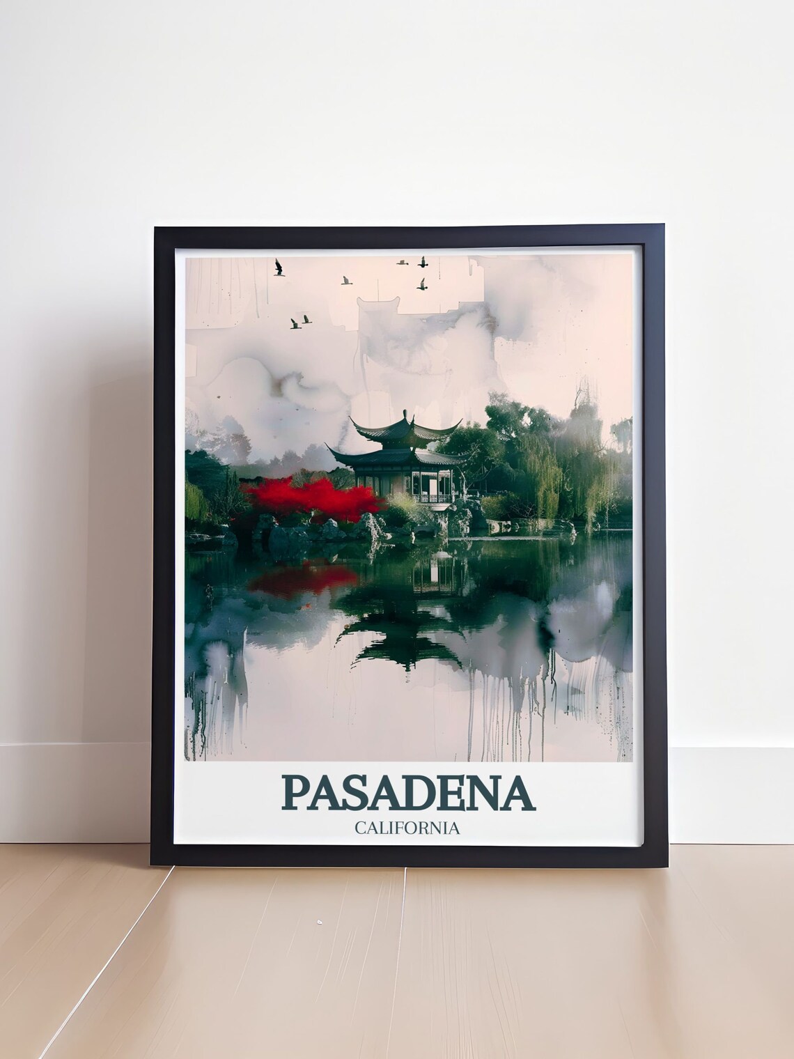 Pasadena Chinese Garden Pagoda Pond Watercolor California Poster - Image 4