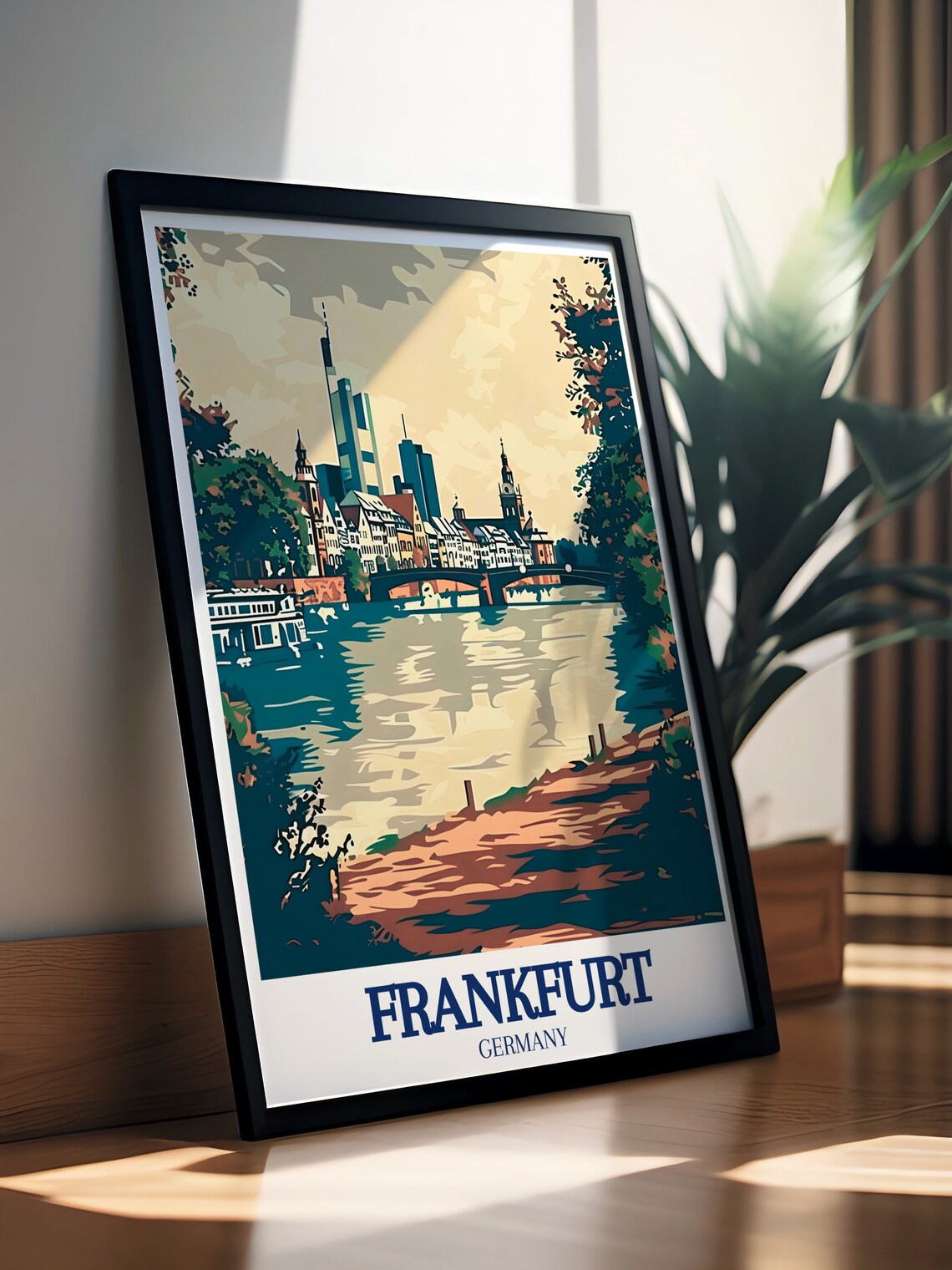 Frankfurt Germany River Main Bridge and Skyline Retro Travel Poster - Image 3