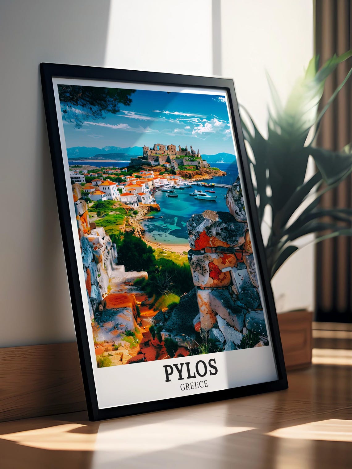 Pylos Greece Navarino Castle Ruins Over Blue Harbor View Poster - Image 4