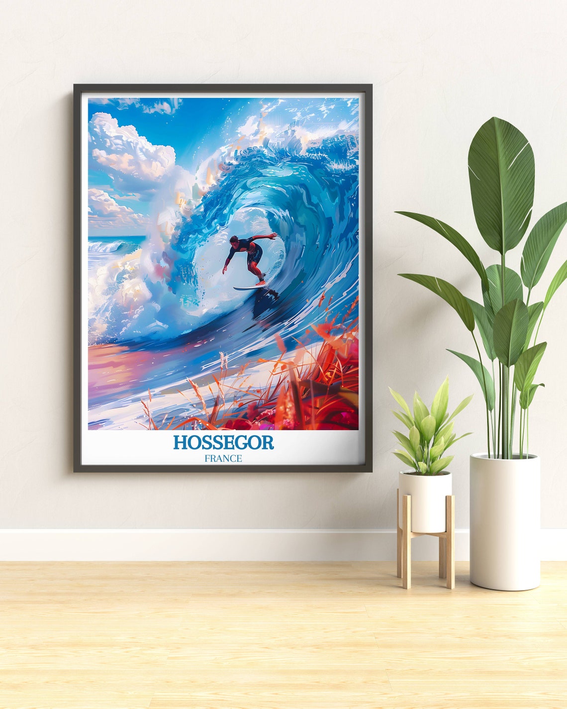 Hossegor France Surfer Riding Big Blue Barrel Wave Surf Poster Art - Image 2