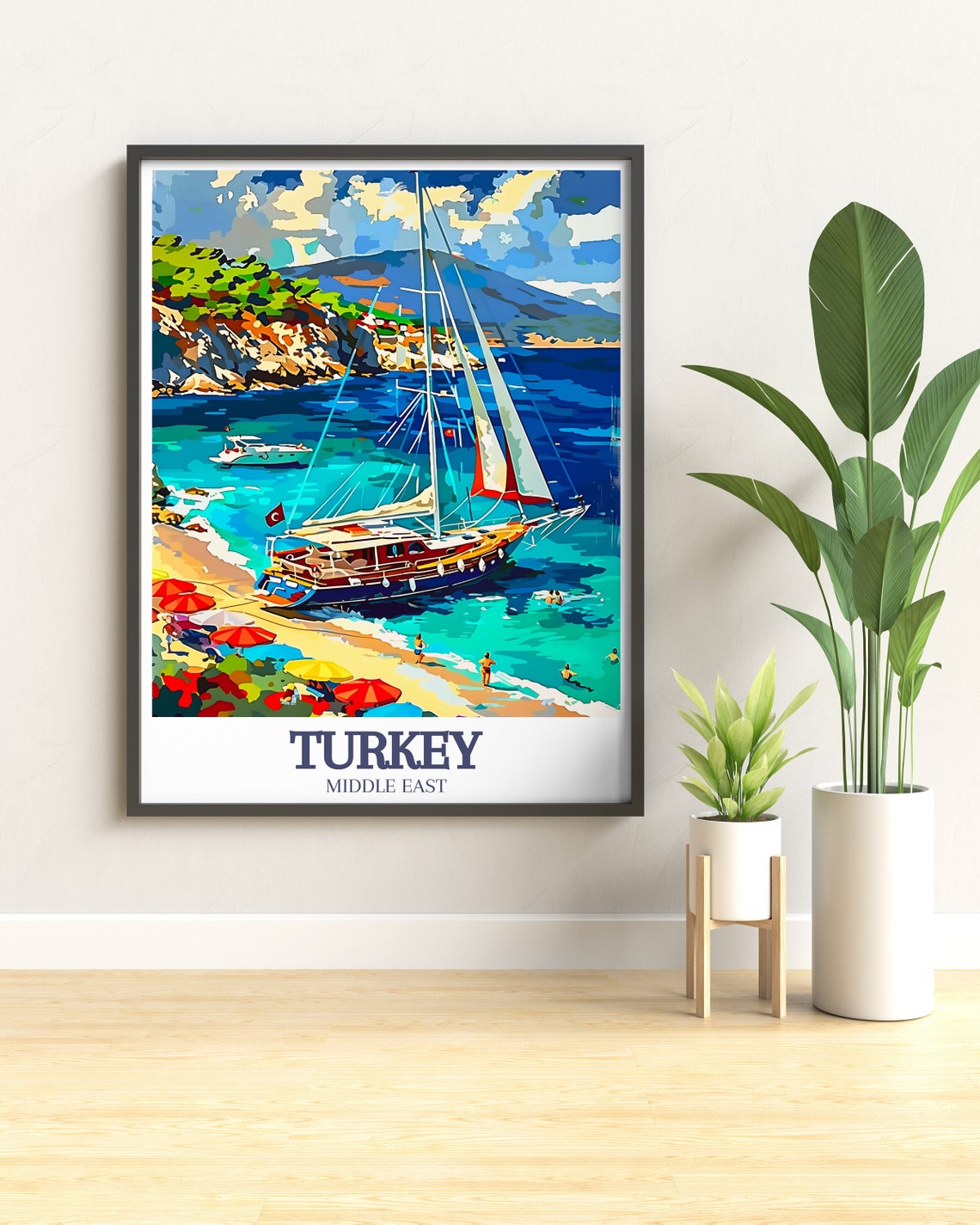 Turkey Gulet Sailboat Turquoise Coast Colorful Beach Painting Poster - Image 2