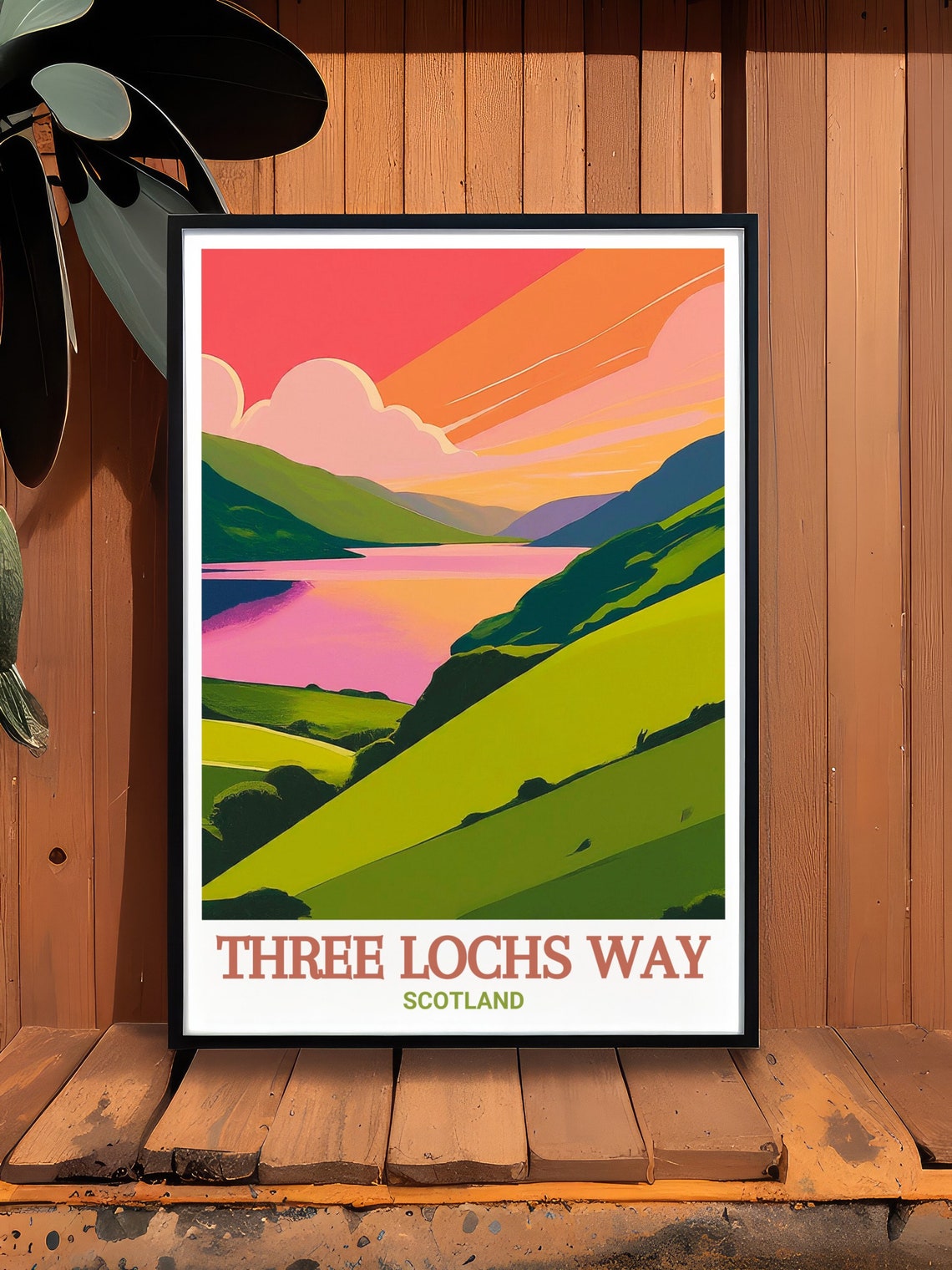 Three Lochs Way Scotland Sunset Loch Green Hills Pink Sky Poster - Image 2