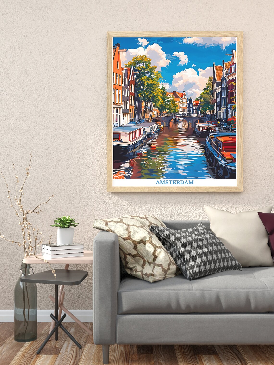 Amsterdam Canal with Houseboats and Bridge Daytime Travel Poster - Image 3