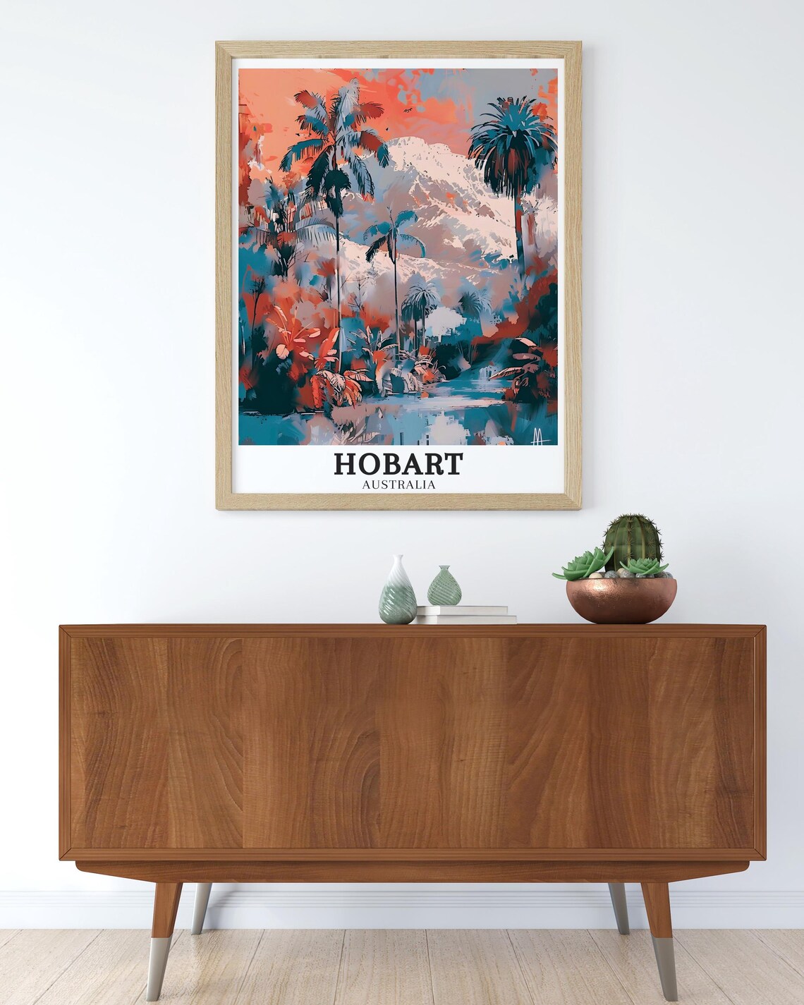 Hobart Australia Tropical Palms Mountain Artistic Travel Poster - Image 3