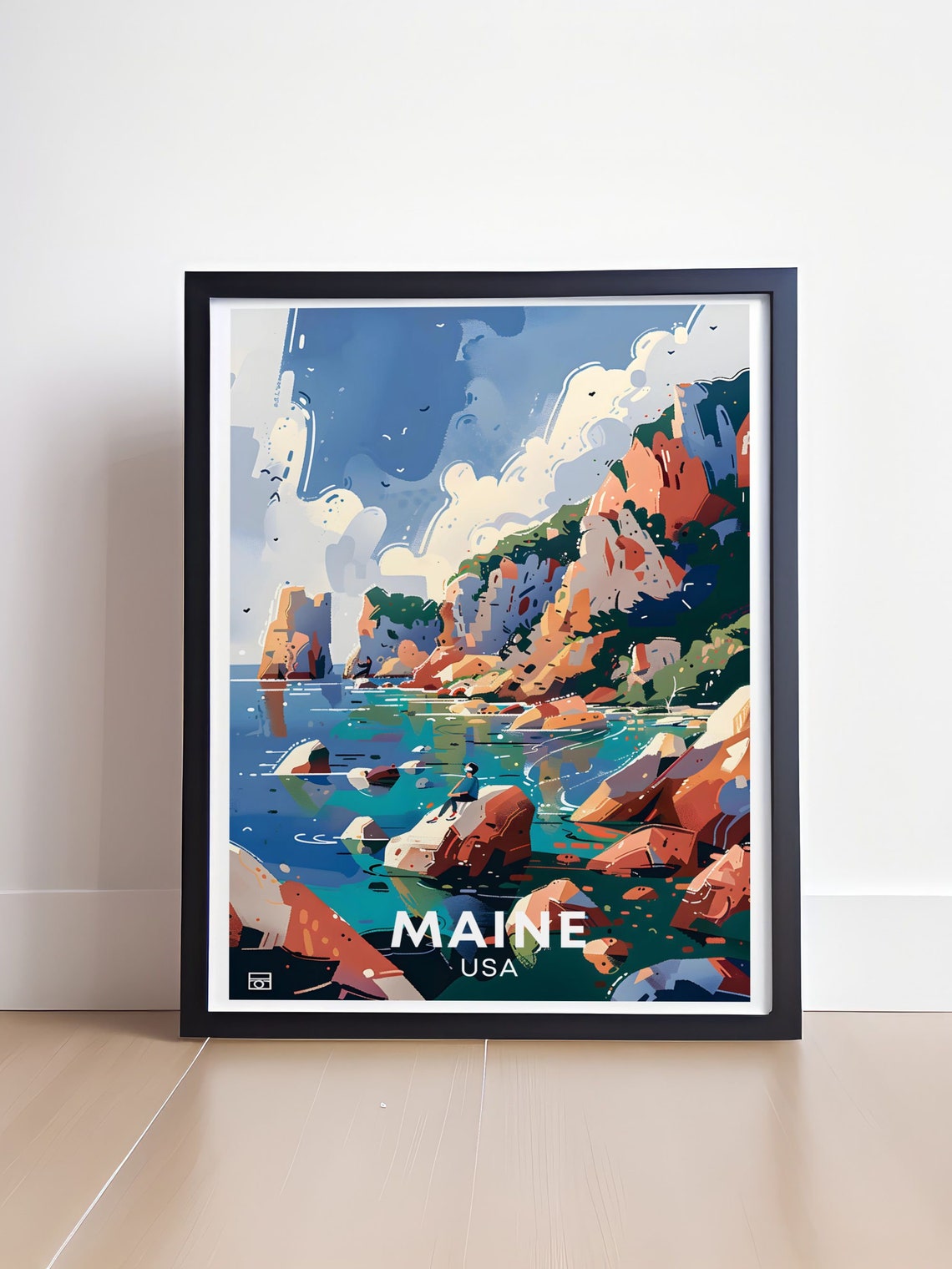Maine USA Figure On Coastal Rocks Above The Blue Ocean Poster - Image 4