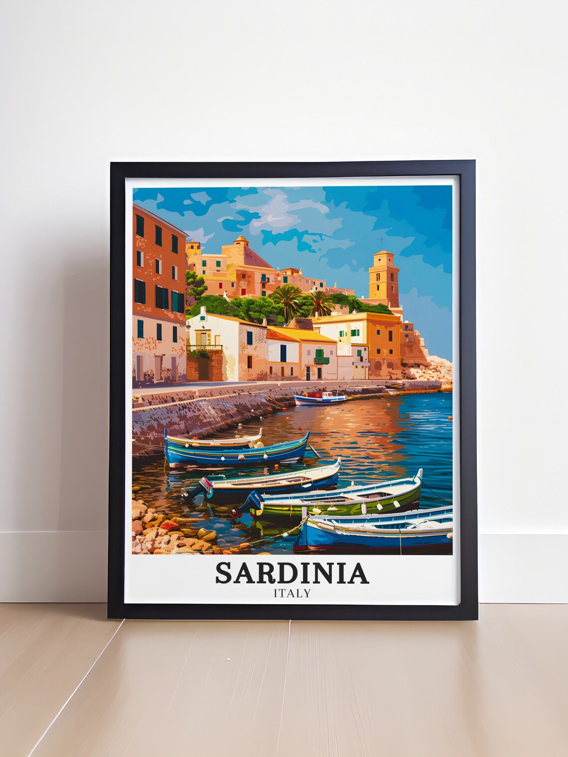 Sardinia Italy Colourful Fishing Boats by Waterfront Houses Poster - Image 4