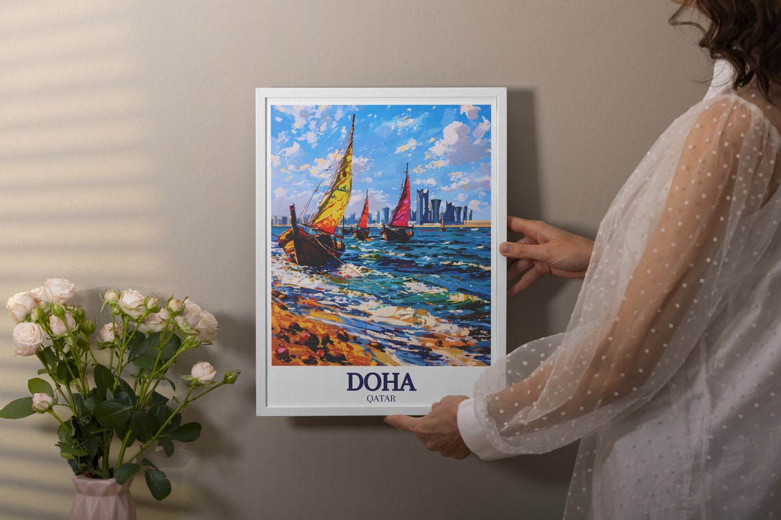 Doha Corniche Traditional Dhow Sailing Boats Seaside Qatar Poster - Image 2