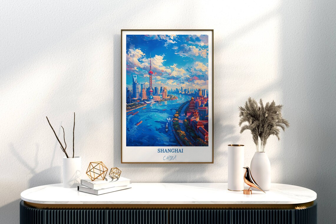 Shanghai China Huangpu River Bend Boats Skyline Dusk Travel Poster - Image 3