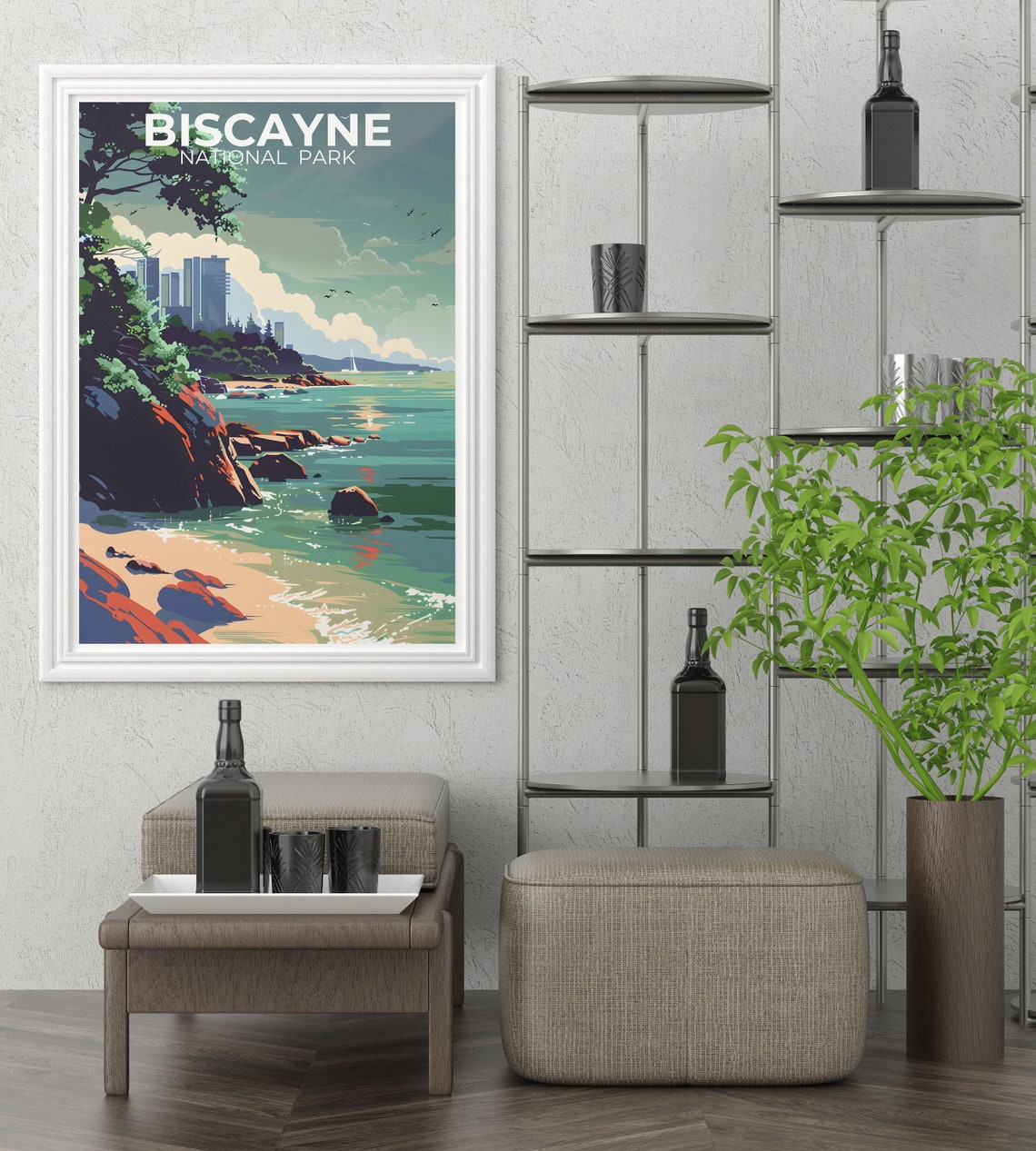 Biscayne National Park Rocky Shore With Distant City Skyline Poster - Image 2