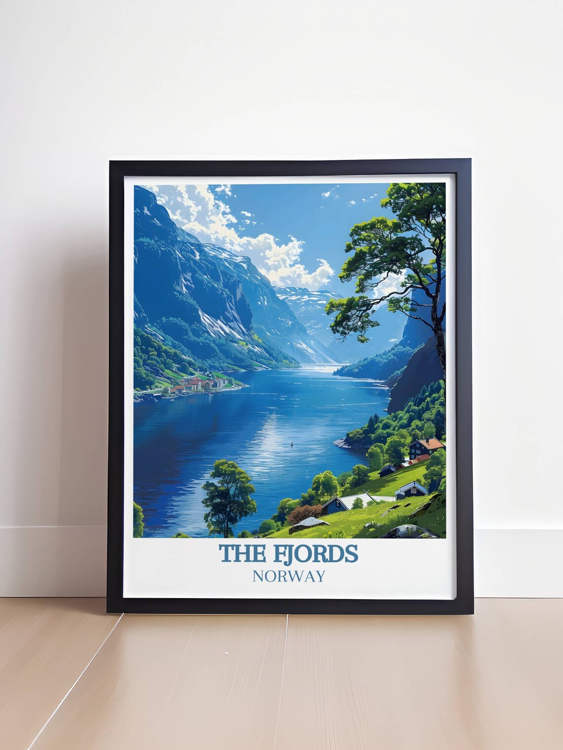 The Fjords Norway Travel Poster Blue Water Lakeside Village View - Image 4
