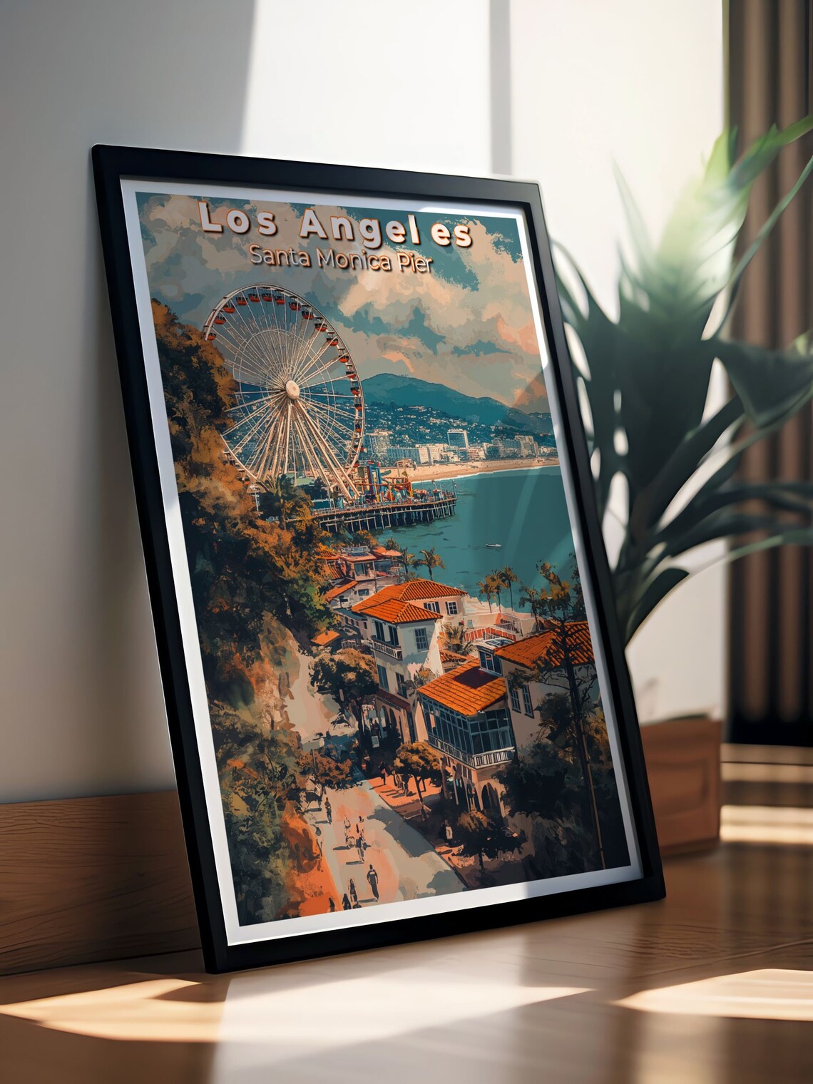 Los Angeles Santa Monica Pier Ferris Wheel Retro Sunset Travel Poster - Image 3