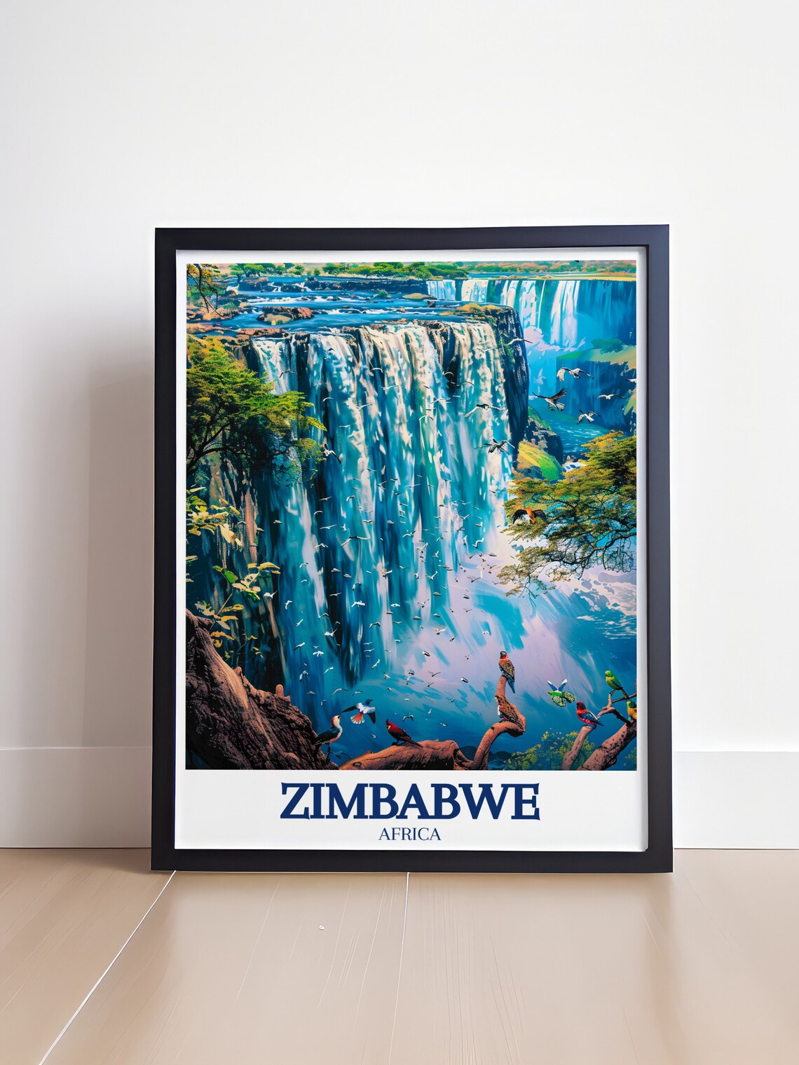 Zimbabwe Africa Victoria Falls Mist Blue Painterly Cascade Poster - Image 4