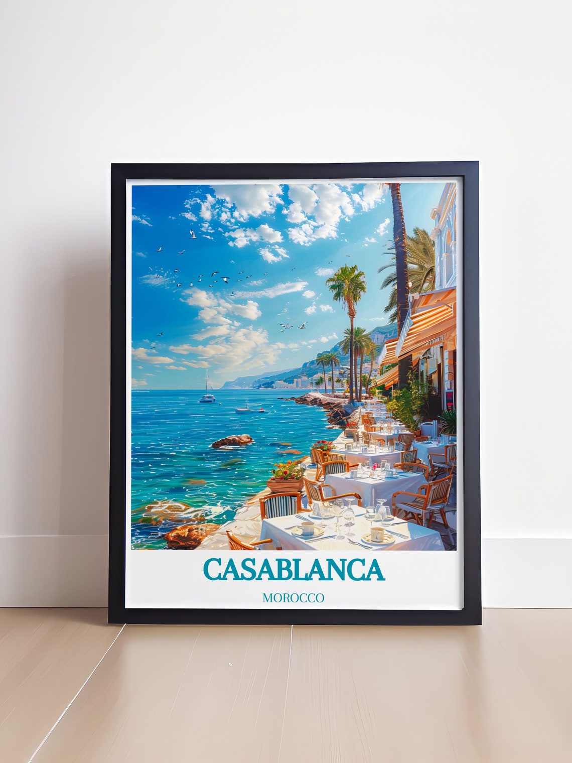 Casablanca Morocco Seaside Terrace White Tables Turquoise Sea Poster - Image 4