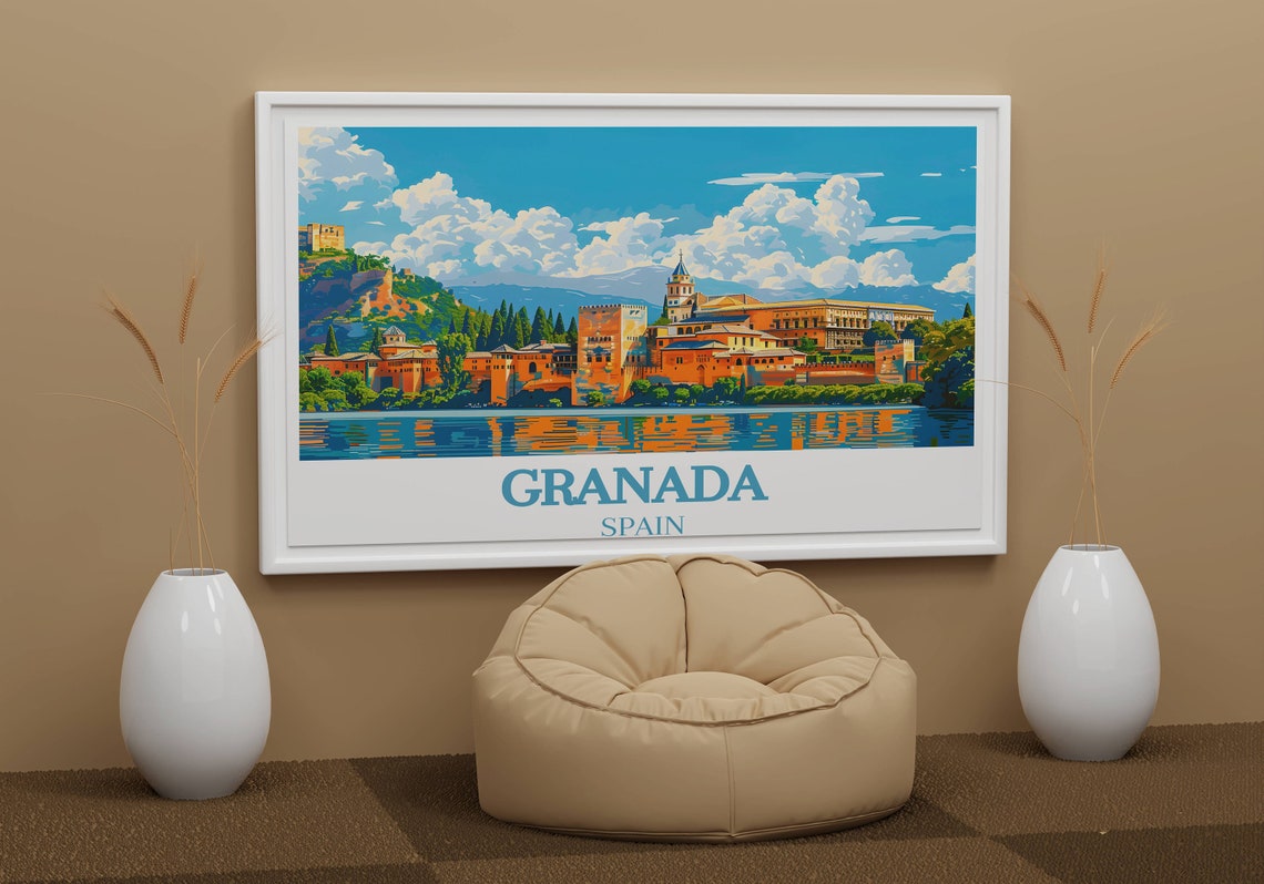 Granada Spain Alhambra Palace Lake Reflection Moorish Art Poster - Image 2