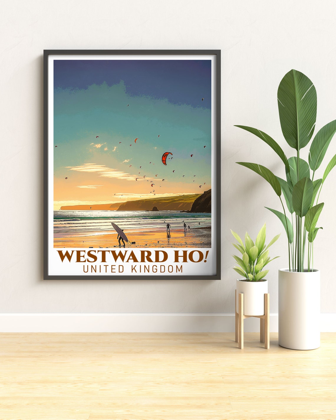 Westward Ho Golden Sunset Beach with Surfers and Kites Poster - Image 3