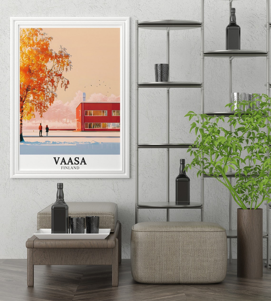 Vaasa Finland Winter Harbor Red Building Golden Birch Tree Poster - Image 3