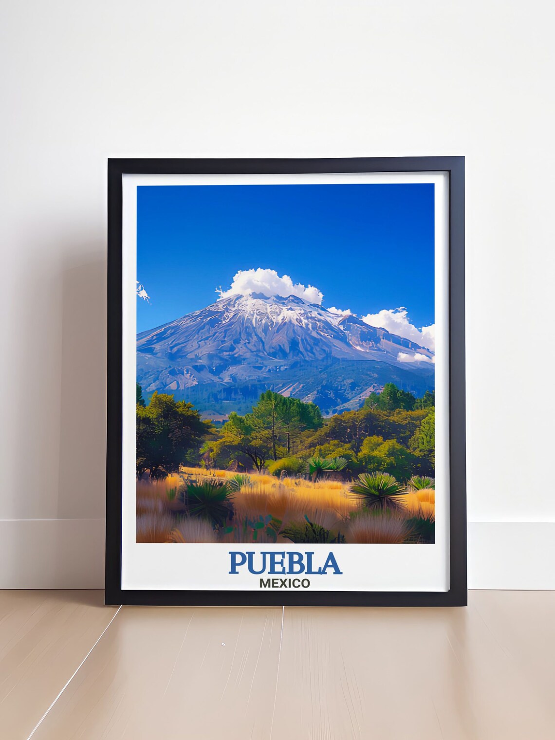 Puebla Mexico Smoking Volcano over Golden Fields and Forest Poster - Image 4