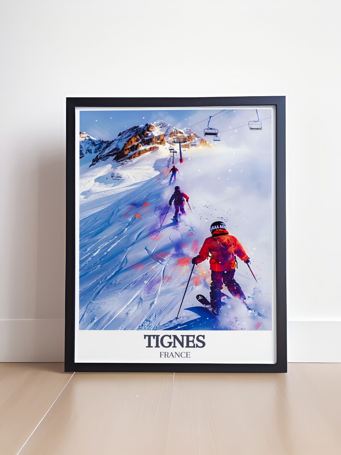 Tignes Skiers Carving Down a Sunny French Alps Mountain Slope Poster - Image 4