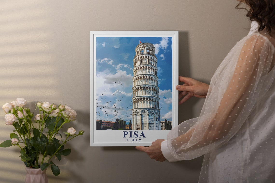 Pisa Leaning Tower Bird Flock Cloudy Sky Italy Travel Poster - Image 3