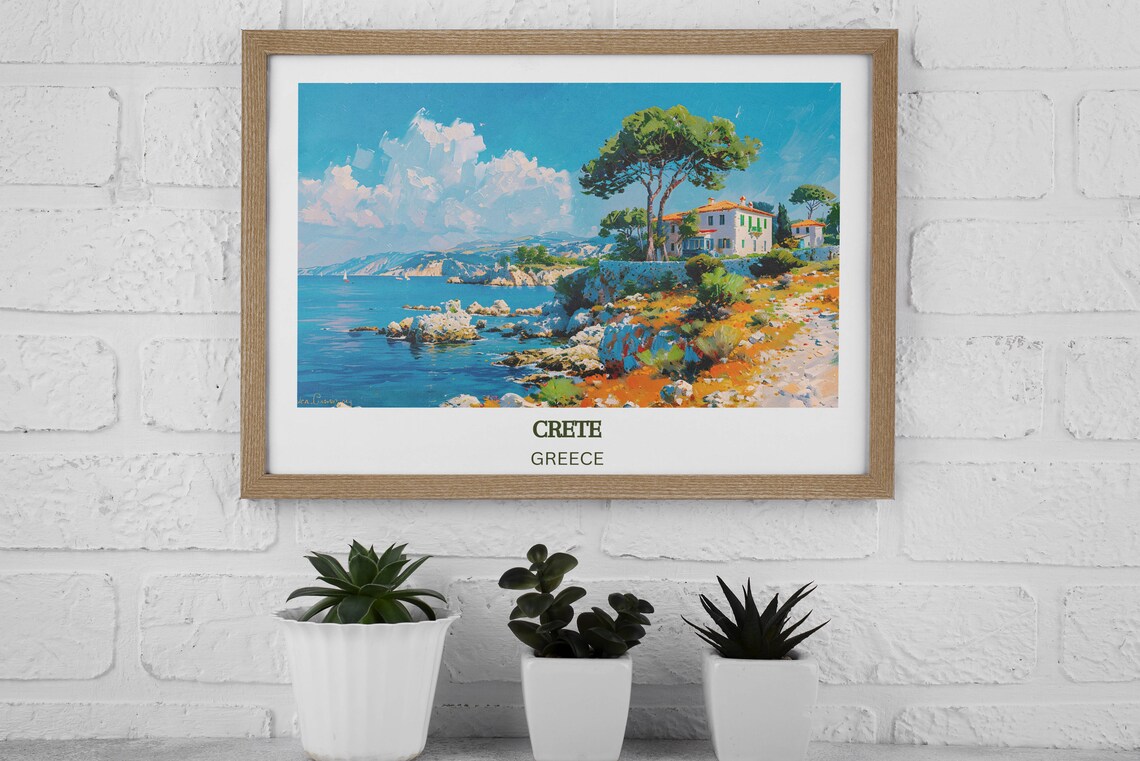 Crete Greece Coastal Villa With Rocky Shore And Bright Blue Sea Poster
