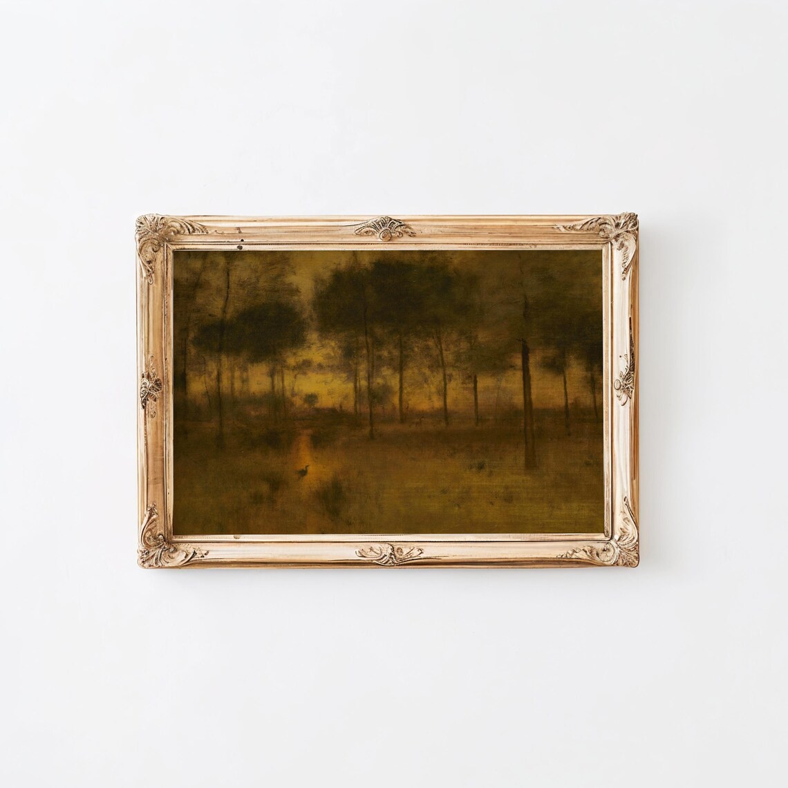Moody Rustic Landscape With Heron, Vintage Painting