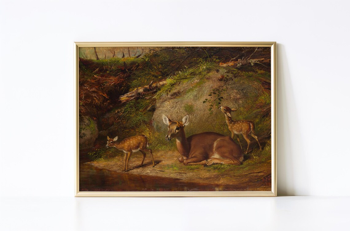 Doe And Twin Fawns By Forest Stream Classic Wildlife Painting Poster