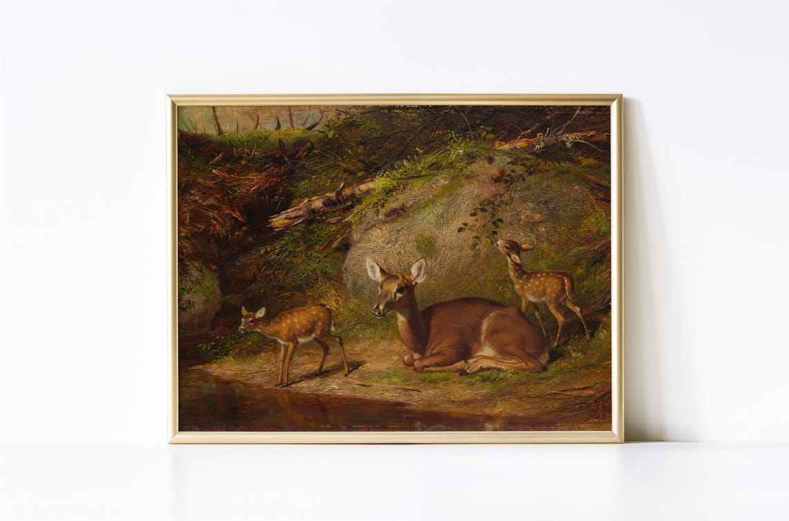 Vintage Deer And Fawn In Forest Art Print Nature Painting Wall Art Oil Painting Childrens Nursery Art A 47