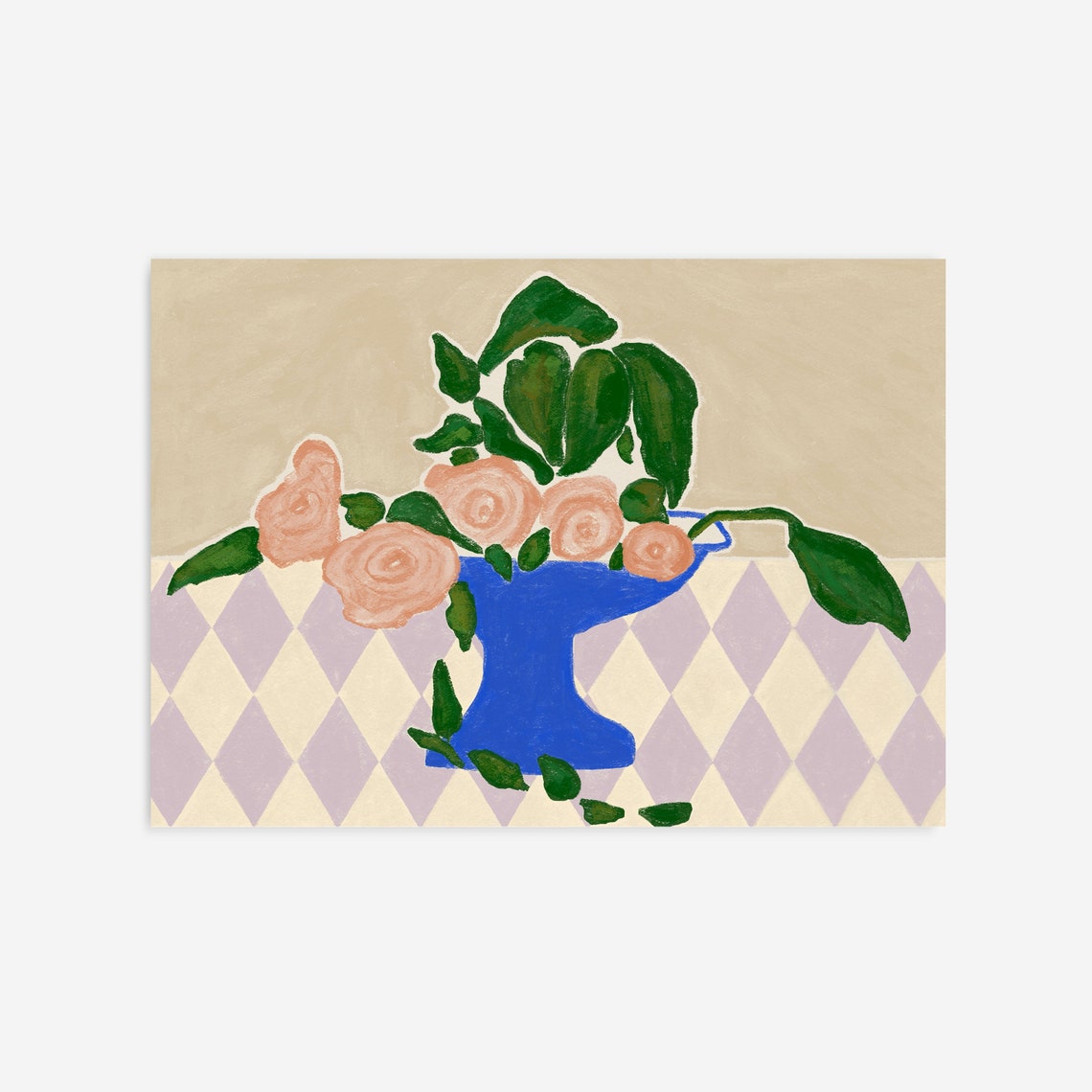 Blush Pink Roses In Blue Vase Checkered Table Botanical Poster