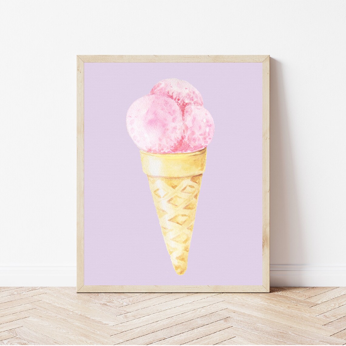Pink Watercolor Ice Cream Cone Pastel Lavender Kids Wall Poster - Image 2