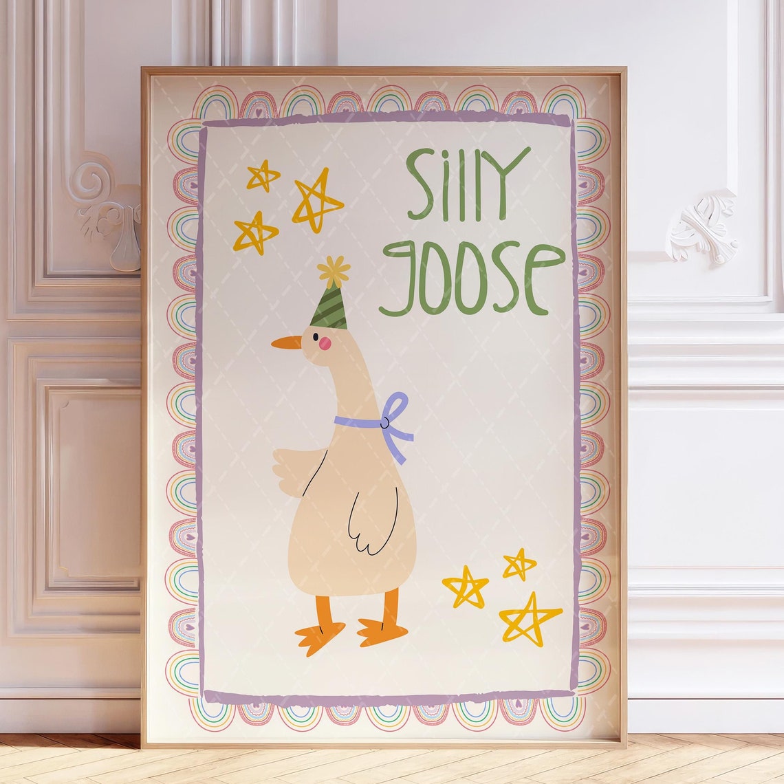 Silly Goose Nursery Poster with Party Hat and Rainbow Border Artwork