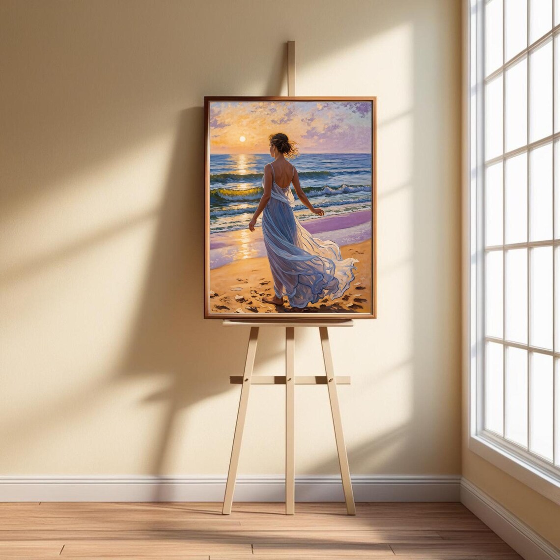 Sunset Beach Woman Walking On Shoreline, Poster Print - Image 3