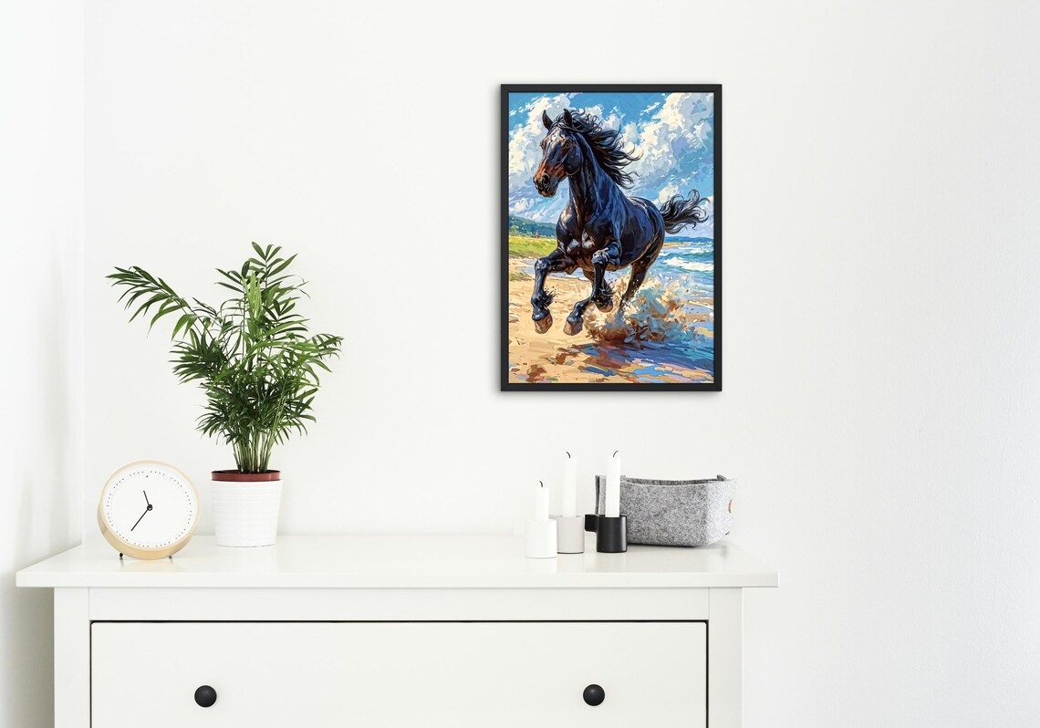 Black Stallion Running On Beach, Horse Art Print - Image 2