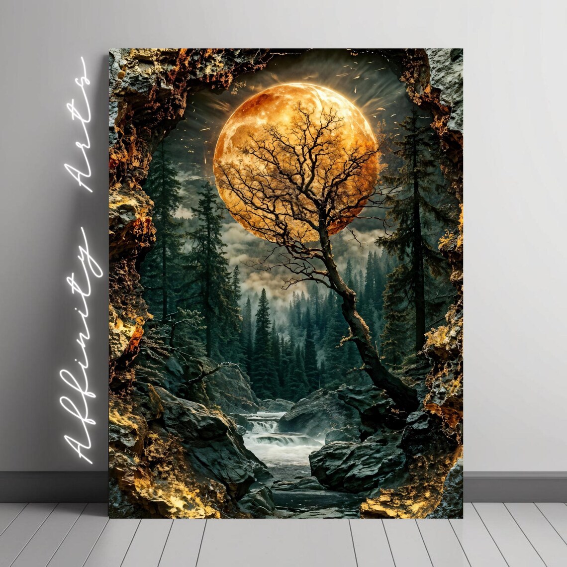 Mystical Forest, Glowing Moon and Tree Fantasy