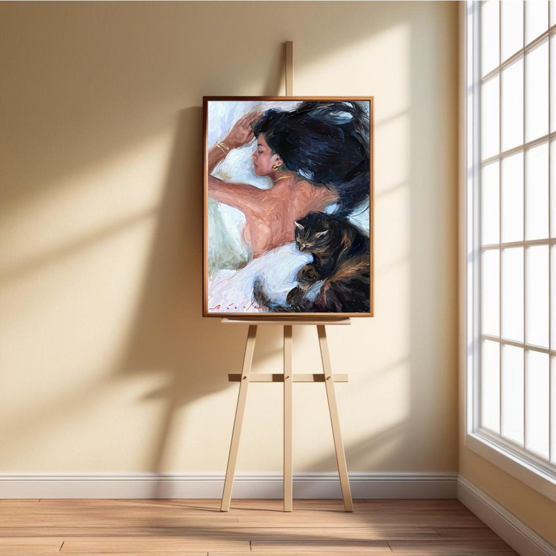 Woman And Cat Romantic Sleep Art Print - Image 3