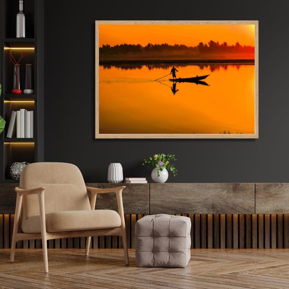 Fisherman at Sunset, Minimalist River Landscape